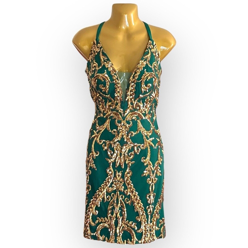 Abby Paris Emerald Green Gold Sequin‎ Halter Plunge Mini Party Dress Size 6